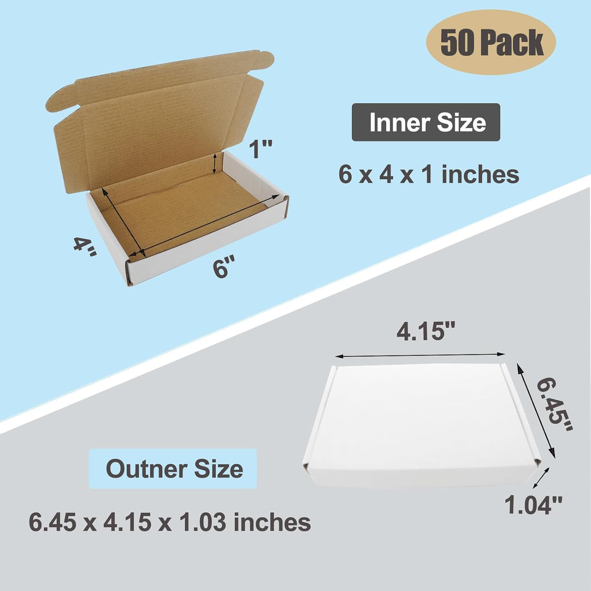 6x4x1 Boxes for Shpping Mailing, 50 Pack Small White Mailer Box Flat Corrugated Cardboard Packaging Gift Boxes Bulk