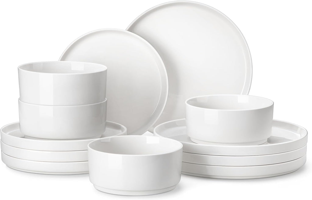 12 Pieces Porcelain Dinnerware Set, Modern White Dish Set for 4, Premium Serving Plates and Bowls Sets, Chip and