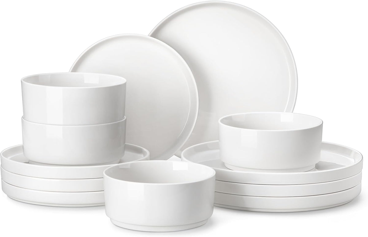 12 Pieces Porcelain Dinnerware Set, Modern White Dish Set for 4, Premium Serving Plates and Bowls Sets, Chip and