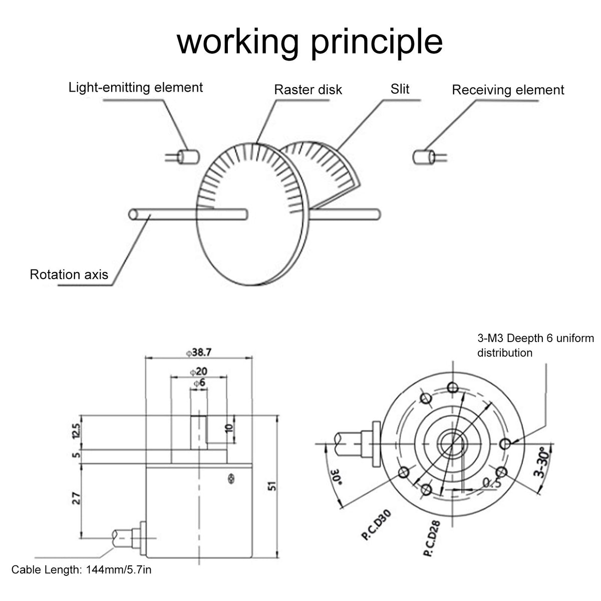 DC5-24V Incremental Rotary Encoder Solid Shaft ABZ 3‑Phase Motion Controls Component 30KHZ 1000B/1024B (1000Z)