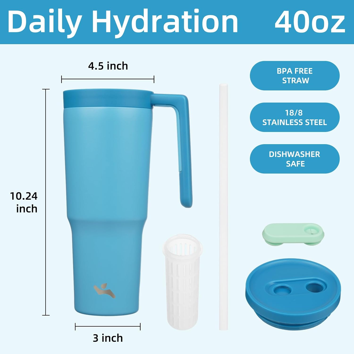 40 oz Tumbler with Handle and Straw, Insulated Water Bottle | Dark Blue; BPA-free, leak-resistant tumbler with fruit