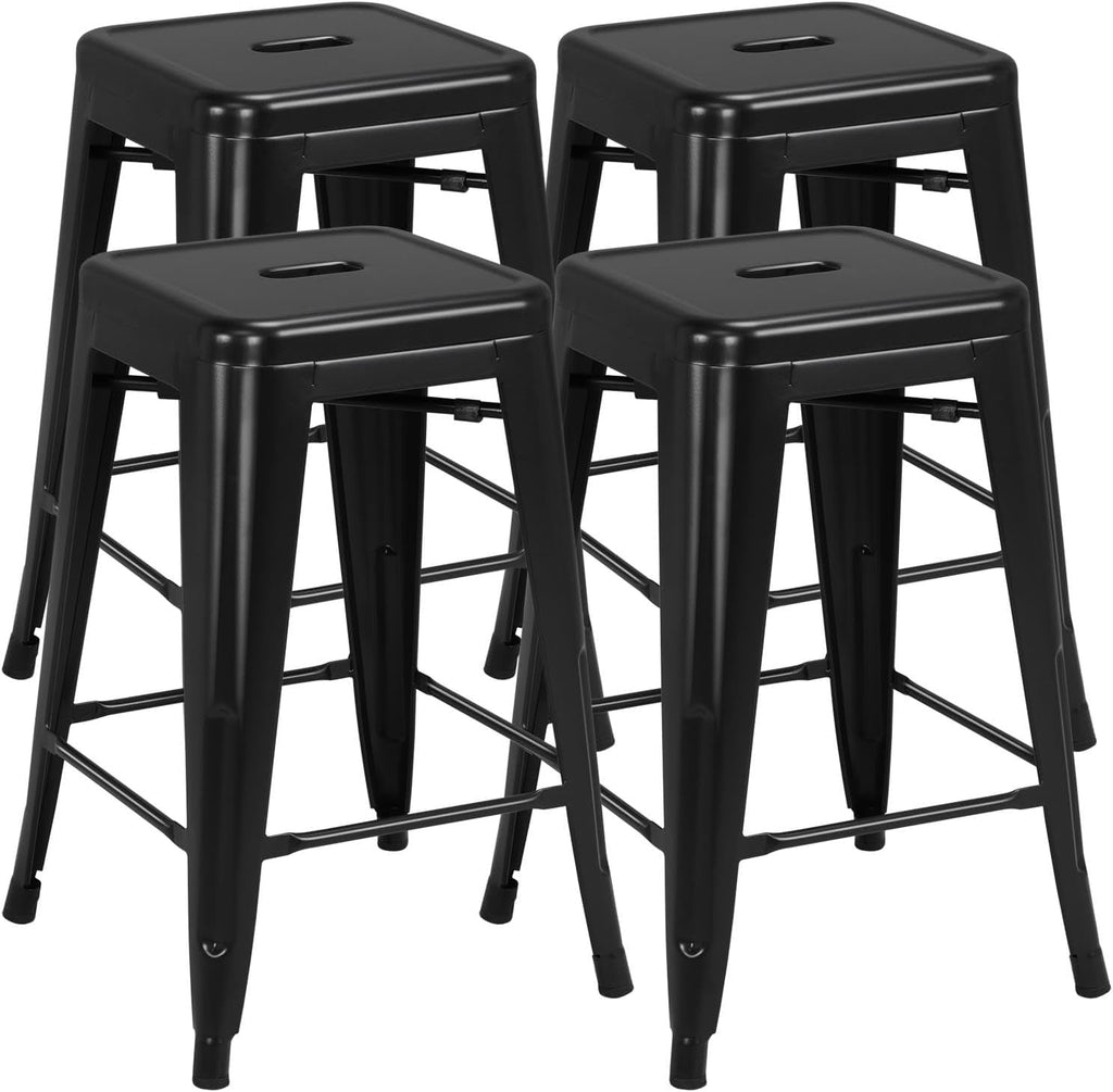 24 Inch Metal Bar Stools Set of 4, Stackable Barstools, Black