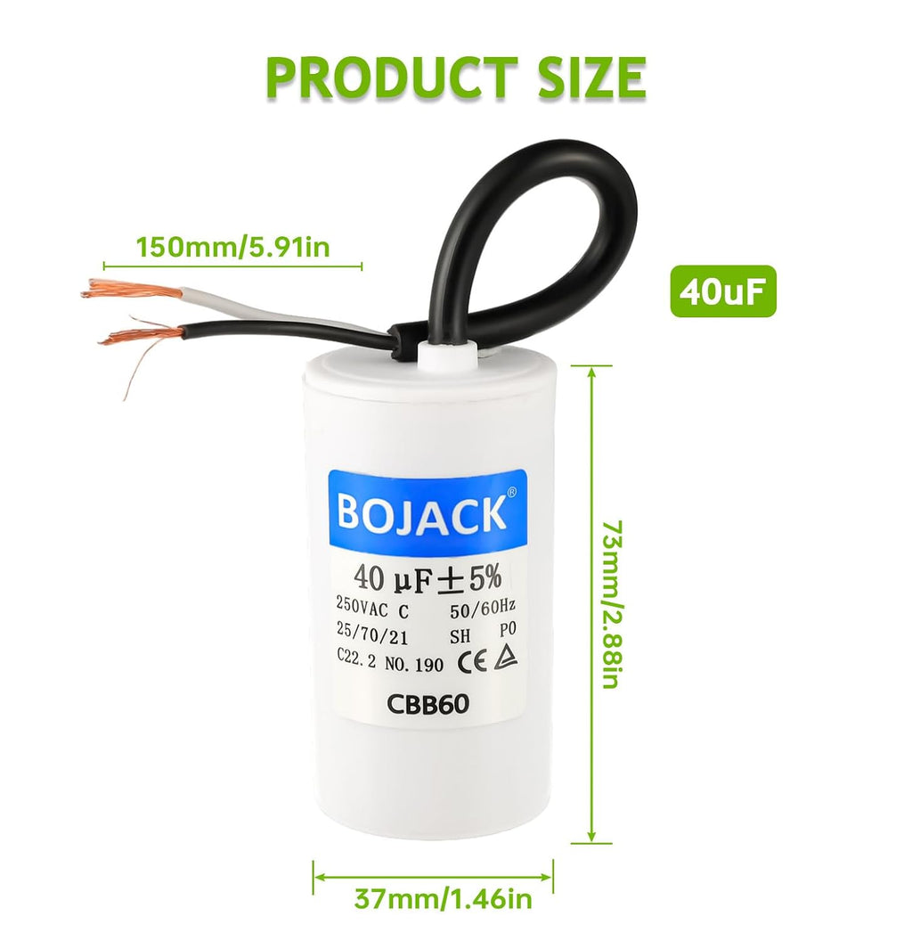 BOJACK Run Capacitor 40 uF MFD 250V AC 40 MFD CBB60 2 Wire 50/60Hz Cylinder Motor Run Capacitor for Motor Blower air Compressor and air Conditioner Compressor Replacement Part