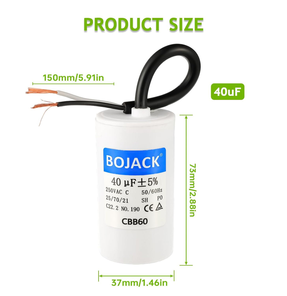 BOJACK Run Capacitor 40 uF MFD 250V AC 40 MFD CBB60 2 Wire 50/60Hz Cylinder Motor Run Capacitor for Motor Blower air Compressor and air Conditioner Compressor Replacement Part
