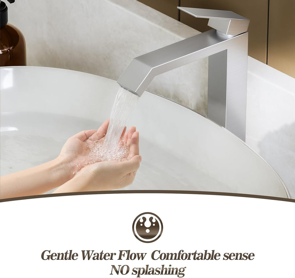 Brushed Nickle Single Hole Tall Vessel Sink Bathroom Faucet, Above Counter Single Handle Square Waterfall Vessel