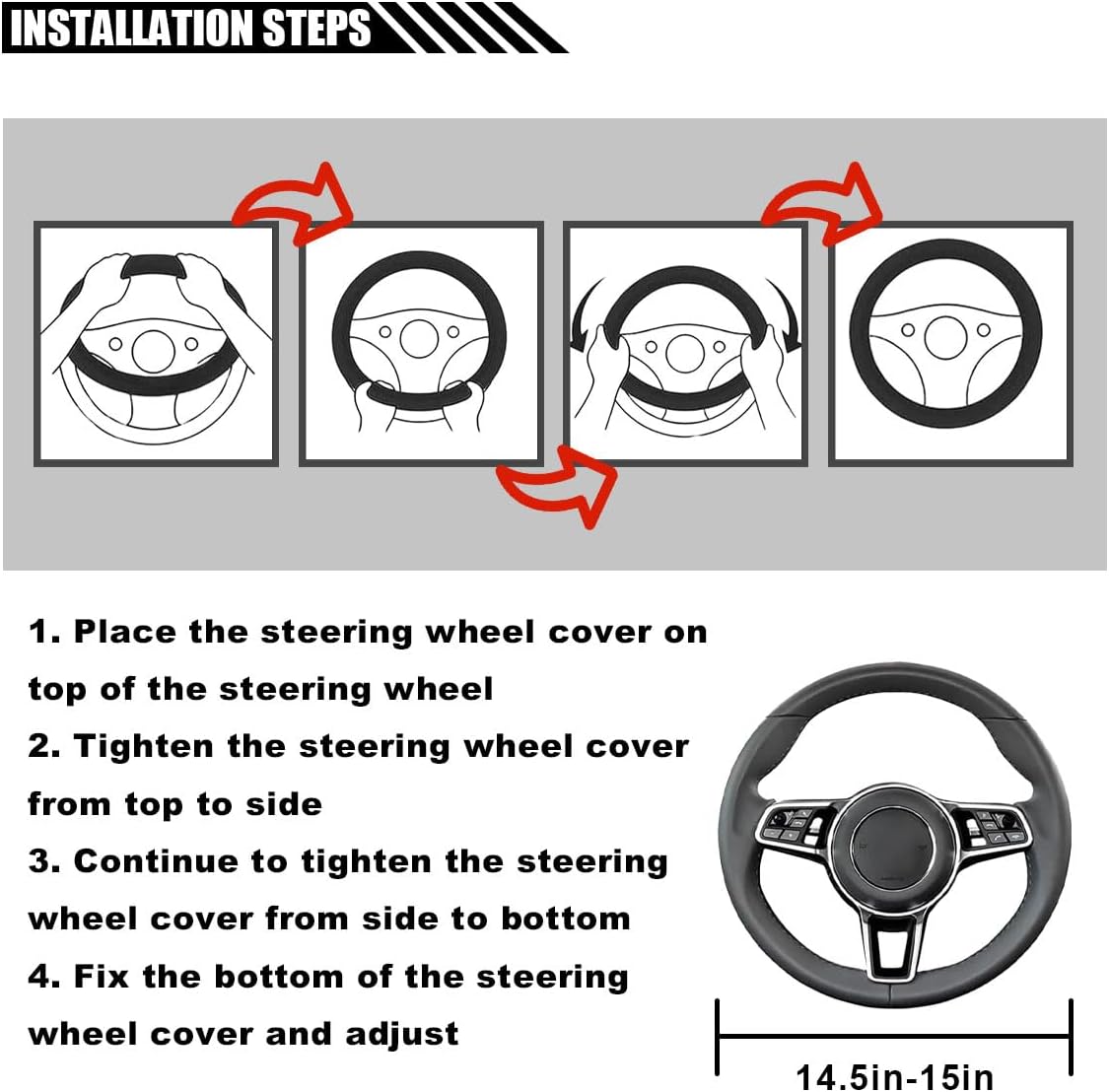 14.5"-15" Car Steering Wheel Cover, Microfiber Leather Cover, Anti-Slip Breathable Steering Wheel Decoration