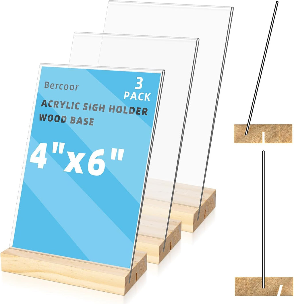 3 Pack 4"x6" Acrylic Sign Holder with Wood Base, L/T Shape Vertical or Slant Back Display, Clear Plastic Flyer