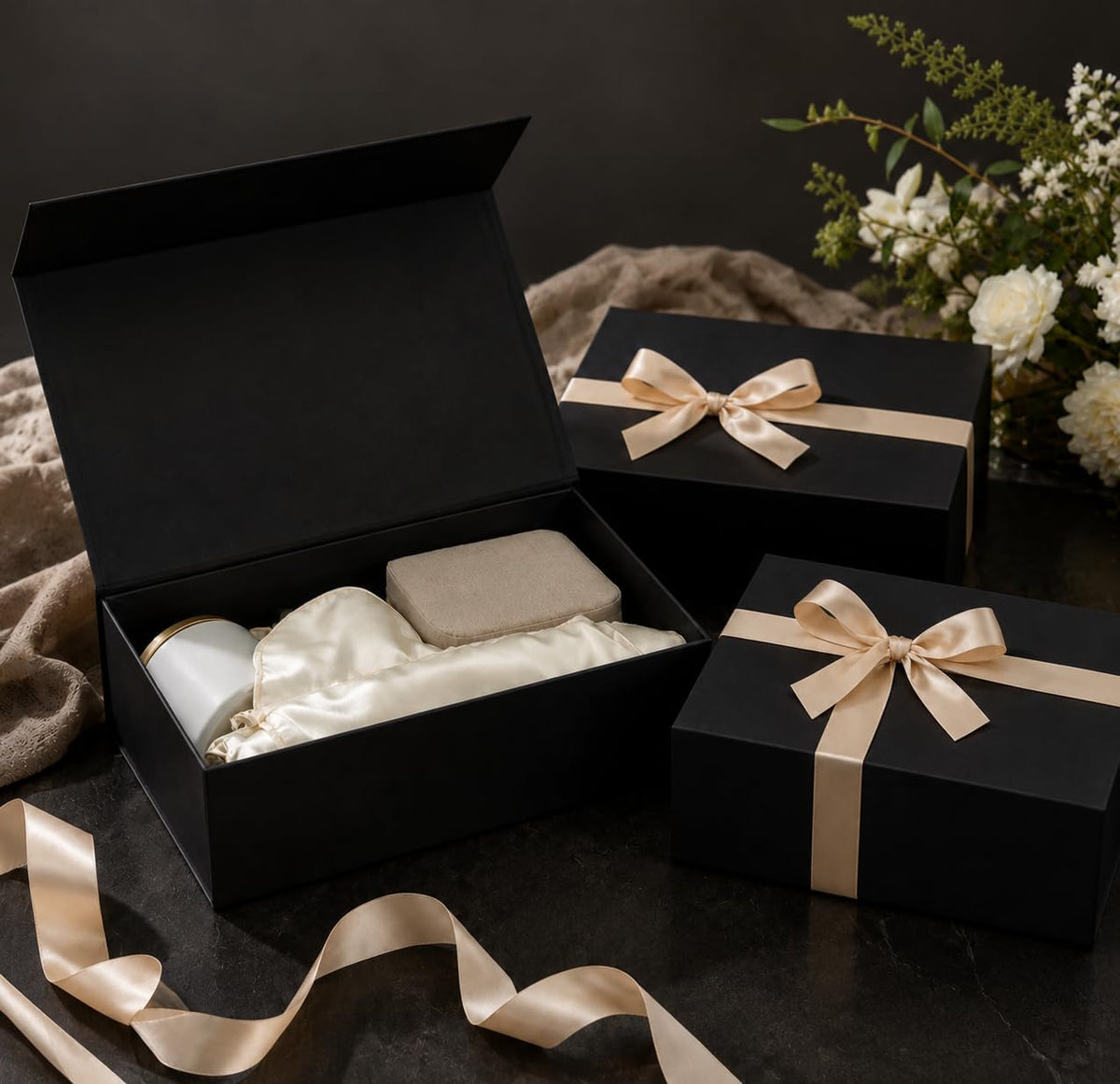 6 Pack Black Gift Boxes with Lids, 9.5 x 6 x 3 Inch Boxes with Ribbon for Groomsmen gifts, Magnetic Gift Boxes for