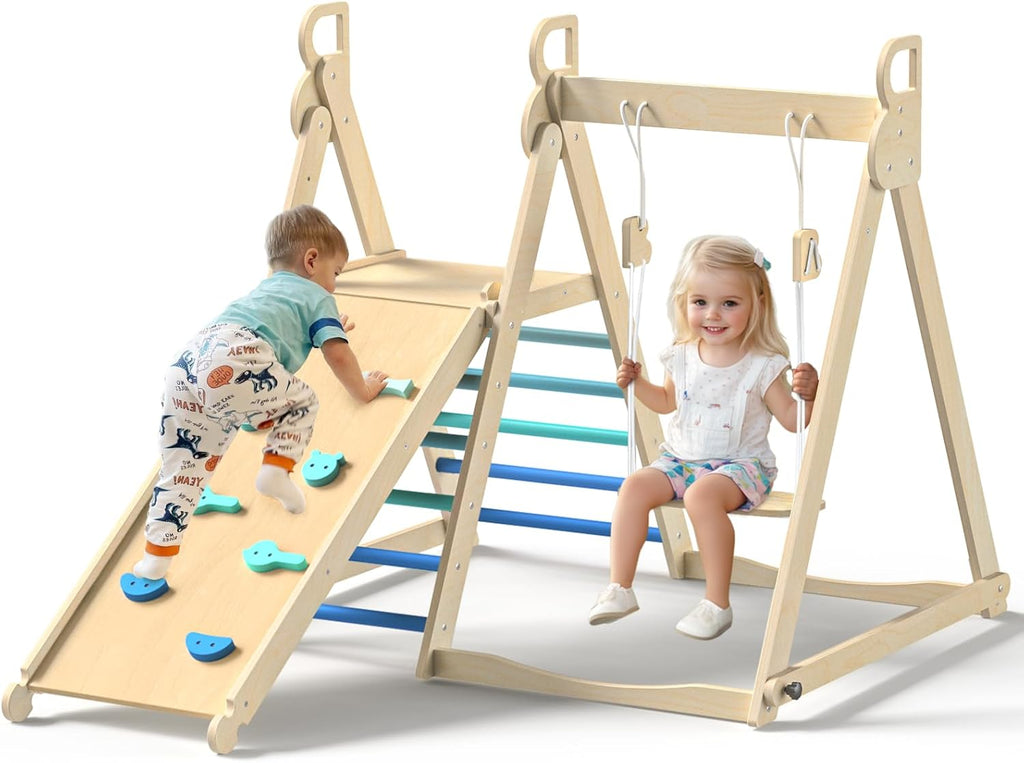 4 in 1 Indoor Jungle Gym, Foldable Wooden Climbing Set with Swing, Slide, Ladder and Climbing Wall, Montessori