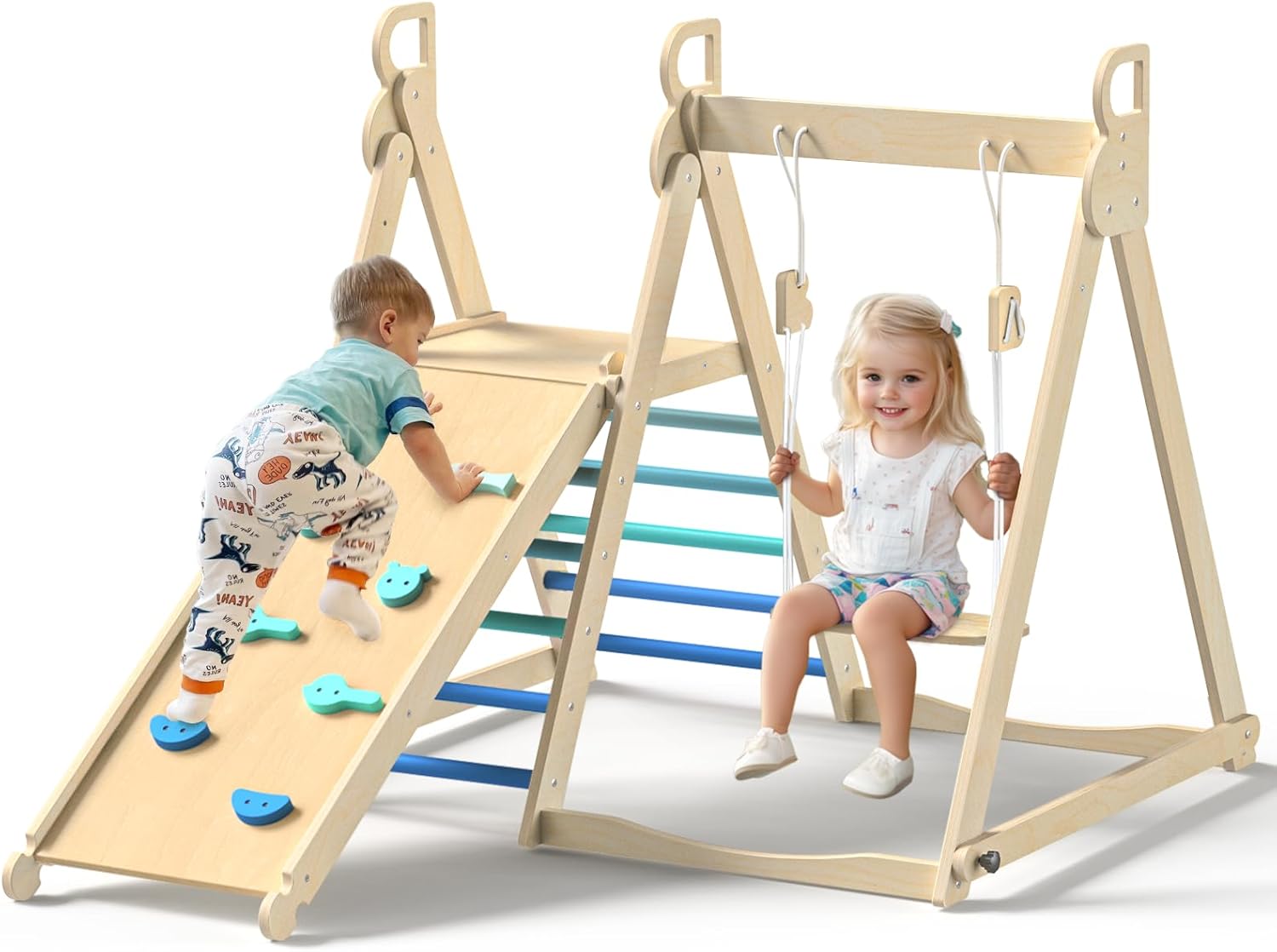 4 in 1 Indoor Jungle Gym, Foldable Wooden Climbing Set with Swing, Slide, Ladder and Climbing Wall, Montessori