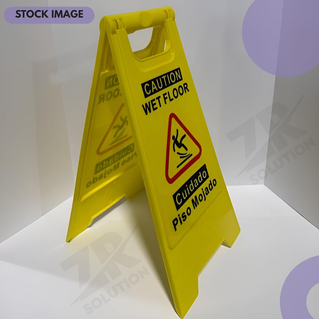 24 Inches Caution Wet Floor Sign Bright Yellow Double Sided Bilingual Caution Message Folding A-Shaped Frame Design