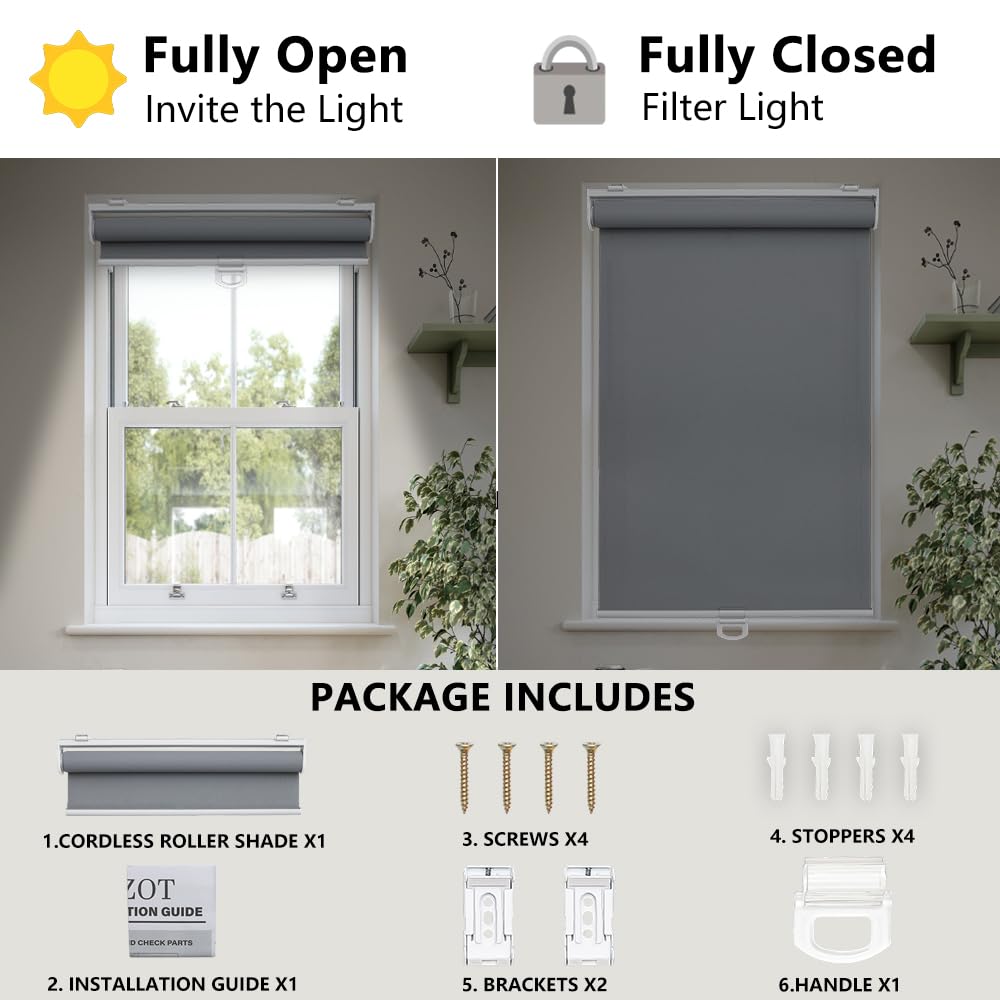 Light Filtering Roller Shades for Indoor Windows, 14" W x 72" H, Grey