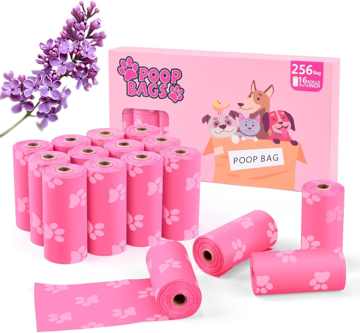 Poop Bags Rolls 256 Count - 9x13 Inches Pink Thickened Leakproof Lavender scent Poo Bags for Dogs, Eco-Friendly Pet