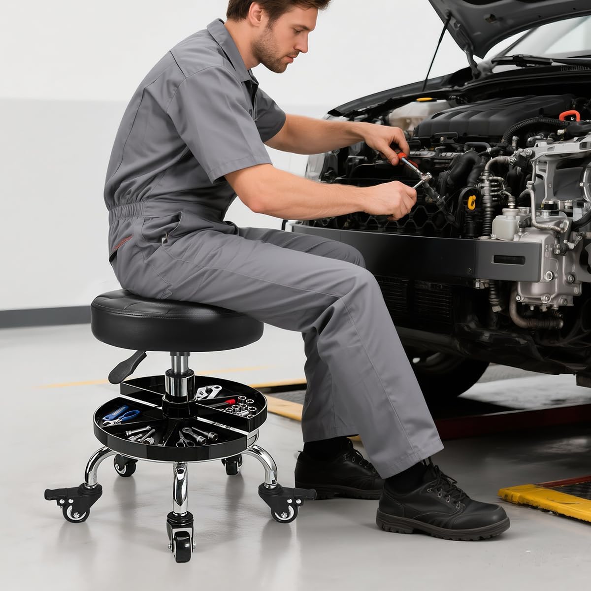 Garage Mechanic Stool with Storage Tray,Low Height Rolling Shop Stools, Rolling Mechanics Seat Chair Height