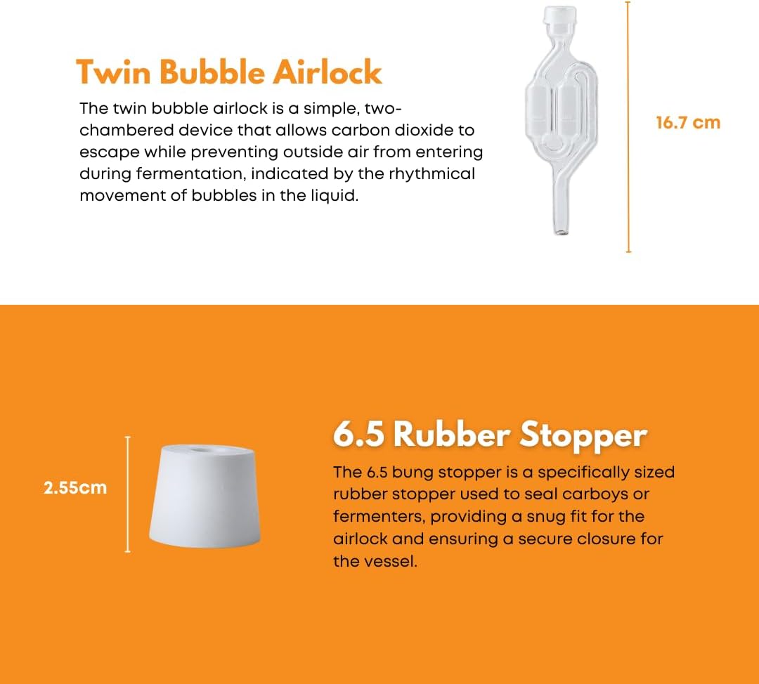 1 Gallon Glass Jug with Airlock, #6 Rubber Bung and Twin Bubble Design | Clear Fermentation Jug for beer, wine