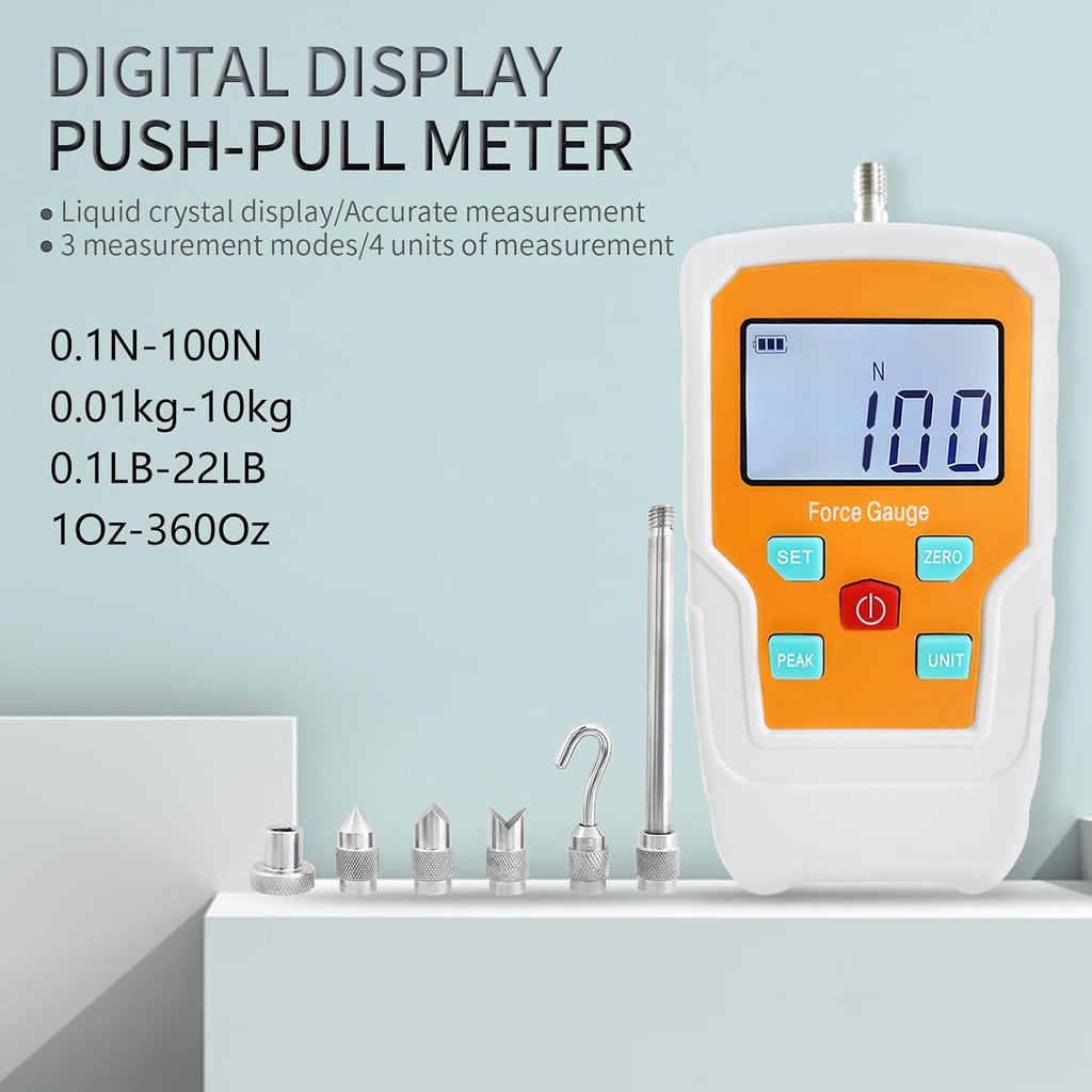 Digital Force Gauge Push and Pull Meter Dynamometer Tension Pressure Tester Thrust Meter Compression Load Plug Force Destructive Tests 100N/10kg/22lbf/360Oz