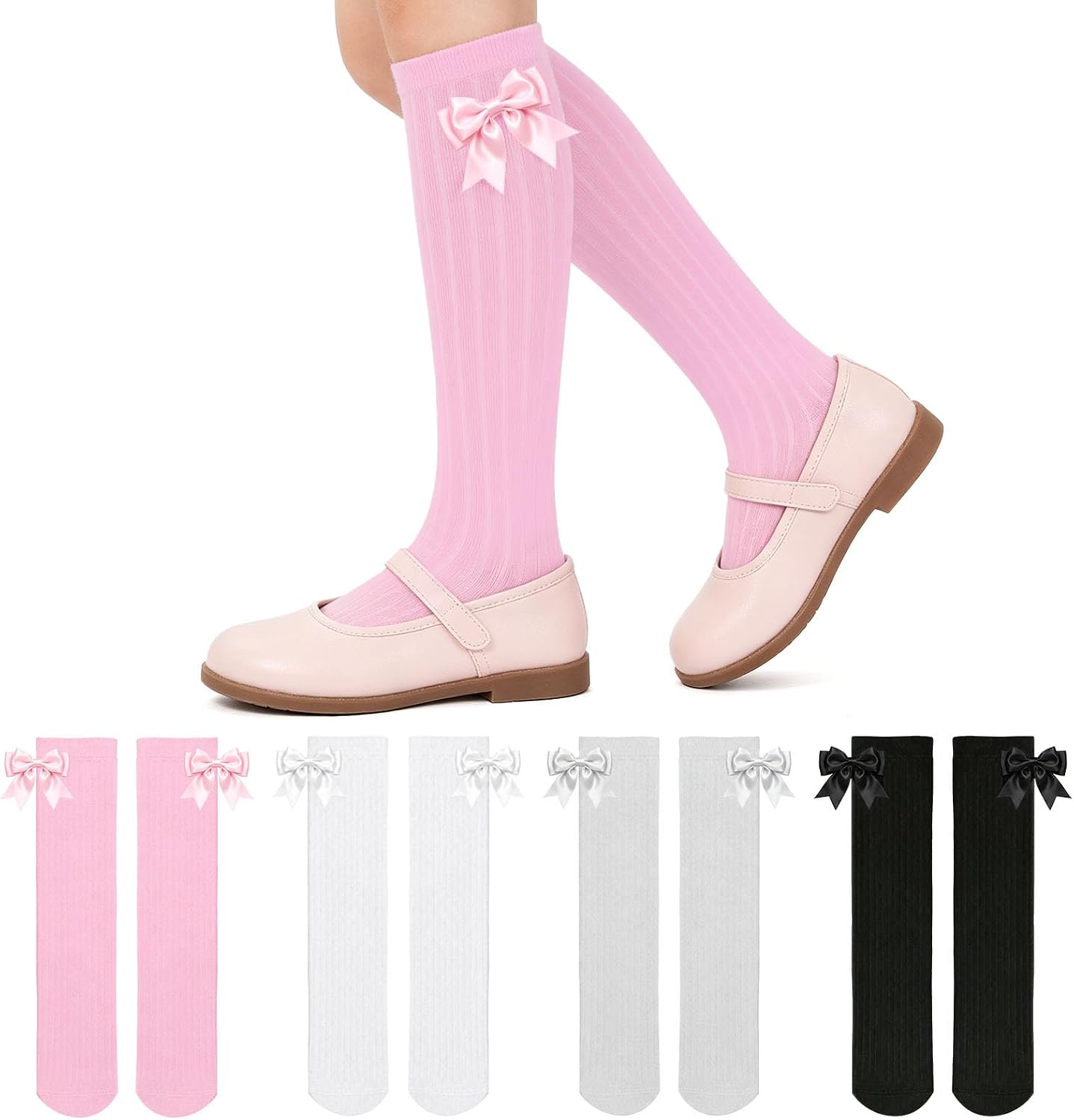4 Pairs Girls Bow Knee High Socks Girls School Socks, 4-12 Years | Multicolor Choice with Cute Bow for Girls' School