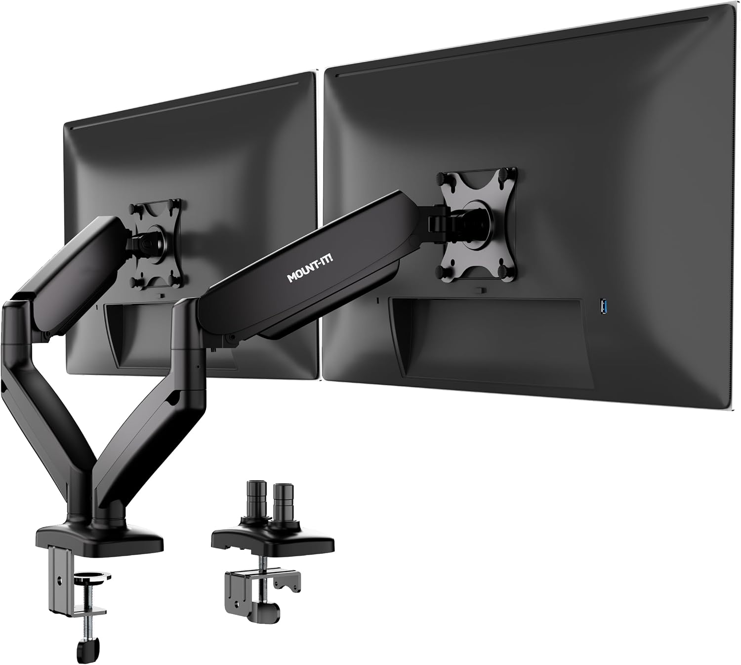Dual Monitor Desk Mount, 13-32", 17.6 lbs Each | Two independent gas spring arms, full motion, VESA 75x75 & 100x100