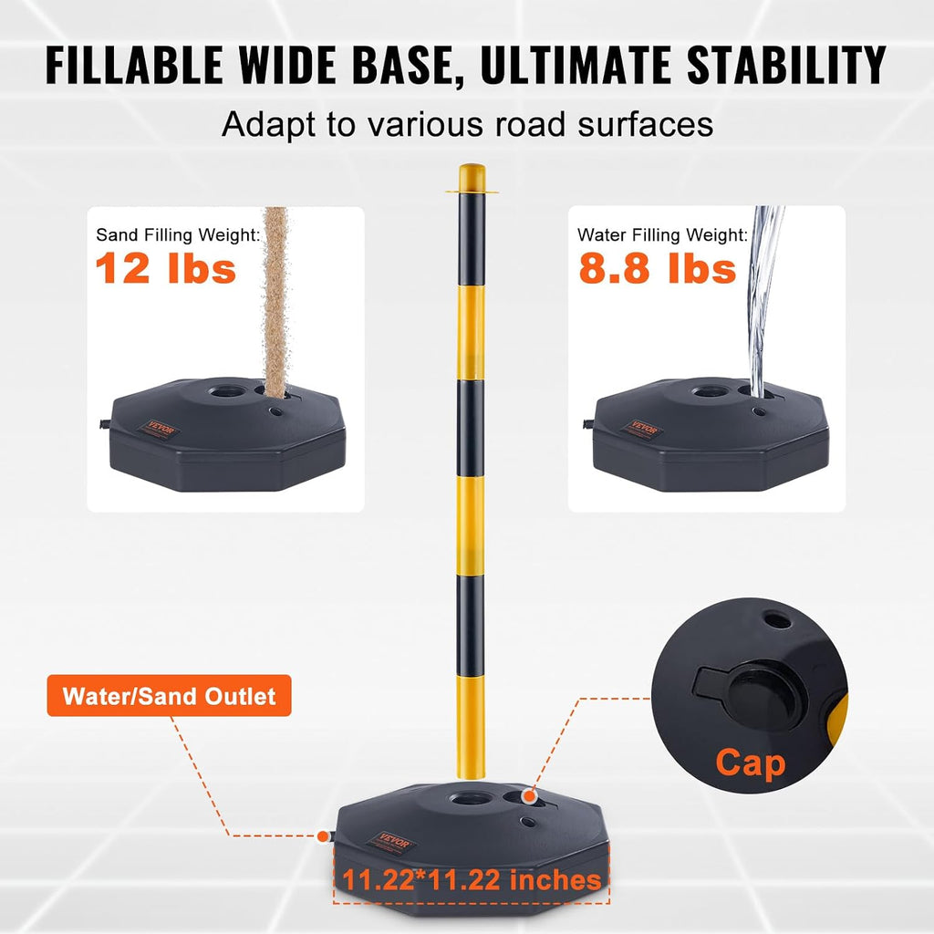 Adjustable Traffic Delineator Post Cones, 6 Pack, Traffic Safety Delineator Barrier with Fillable Base 8FT Chain