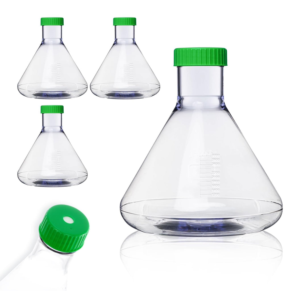 3000ml Erlenmeyer Flask, Sterile, Vent Cap, Flat Bottom, PC, 4Pcs