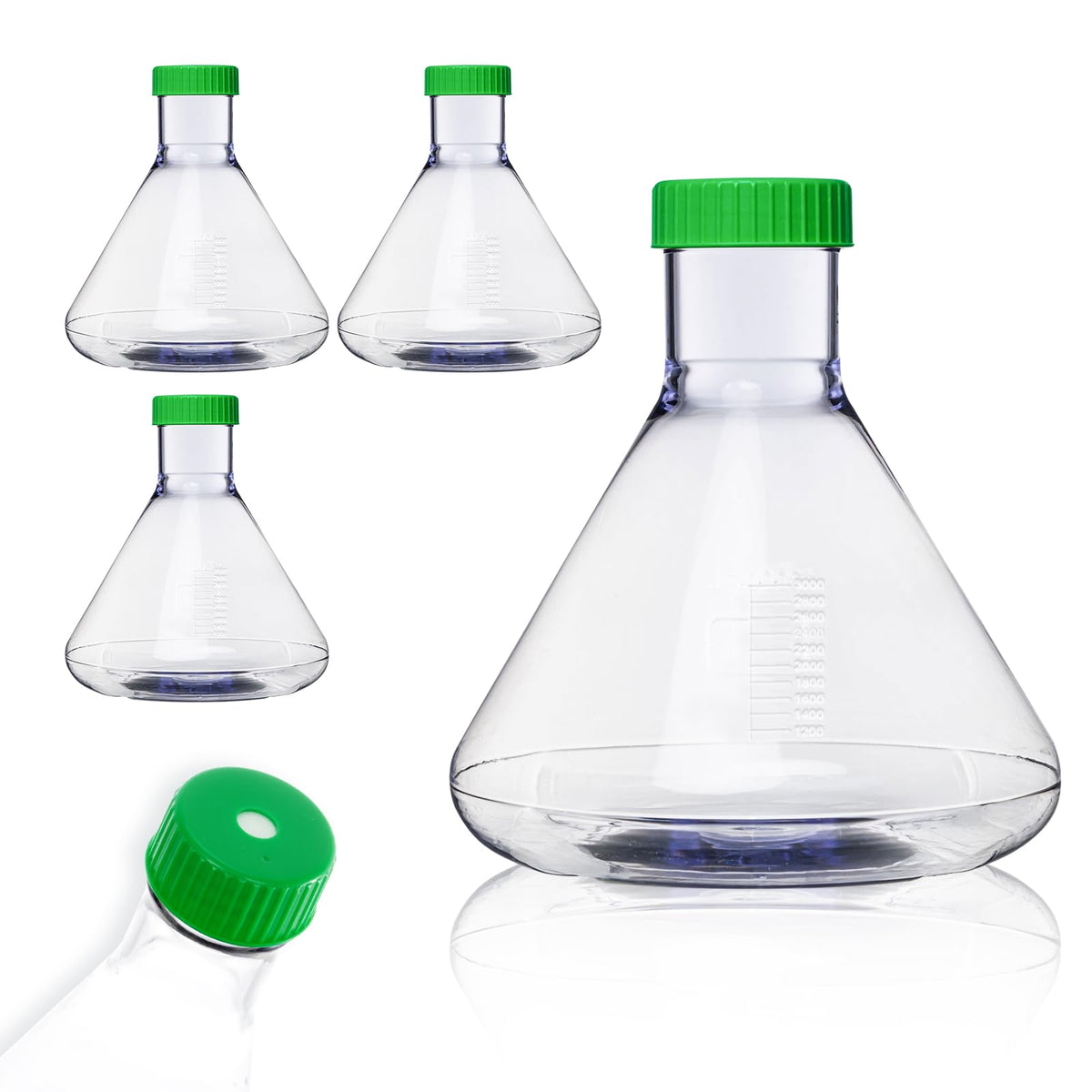 3000ml Erlenmeyer Flask, Sterile, Vent Cap, Flat Bottom, PC, 4Pcs