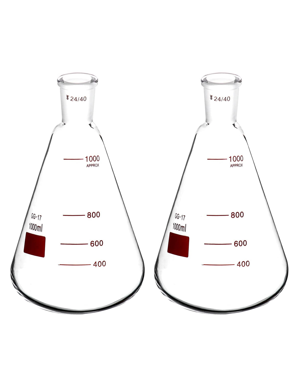1000 mL Borosilicate Glass Erlenmeyer Flask, 2 Pack Thick Wall Flask with 24/40 Outer Joint