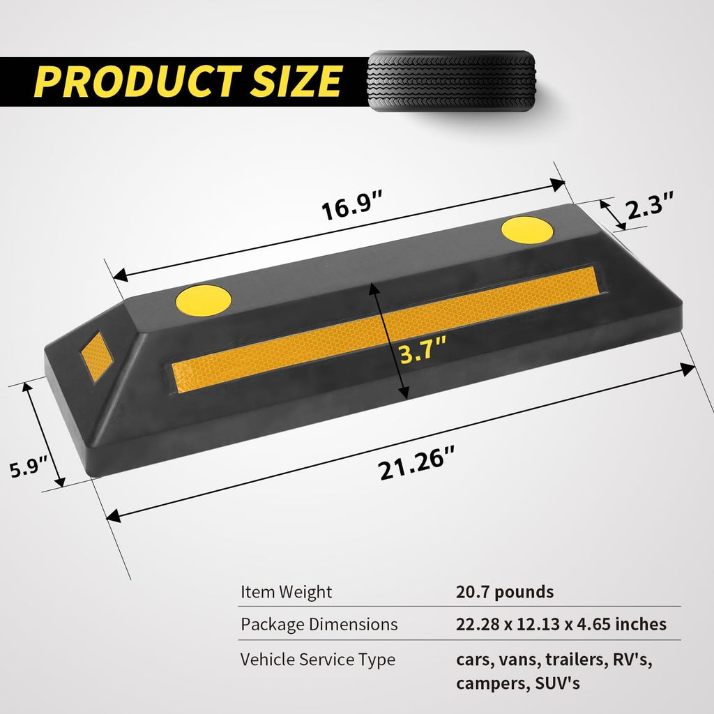50135 2-Pack Commercial Grade Rubber Curb Parking Blocks with Yellow Reflective Strips Wheel Stops for Cars, Vans