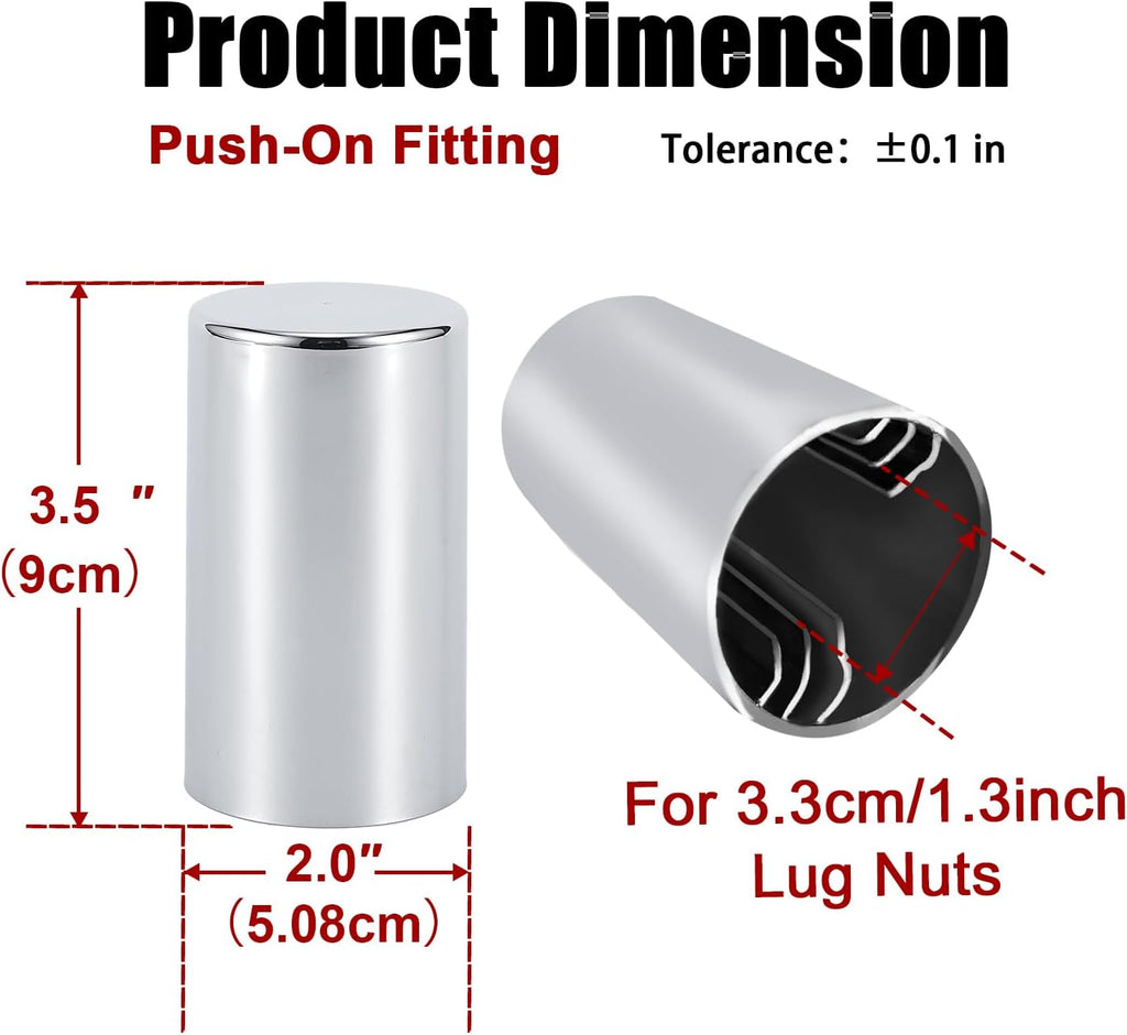 33mm x 3 1/2" Lug Nut Cover ABS Chrome Plastic Cylinder Nut Cover, Push-On fit Hub Piloted Wheels, Complete Axle