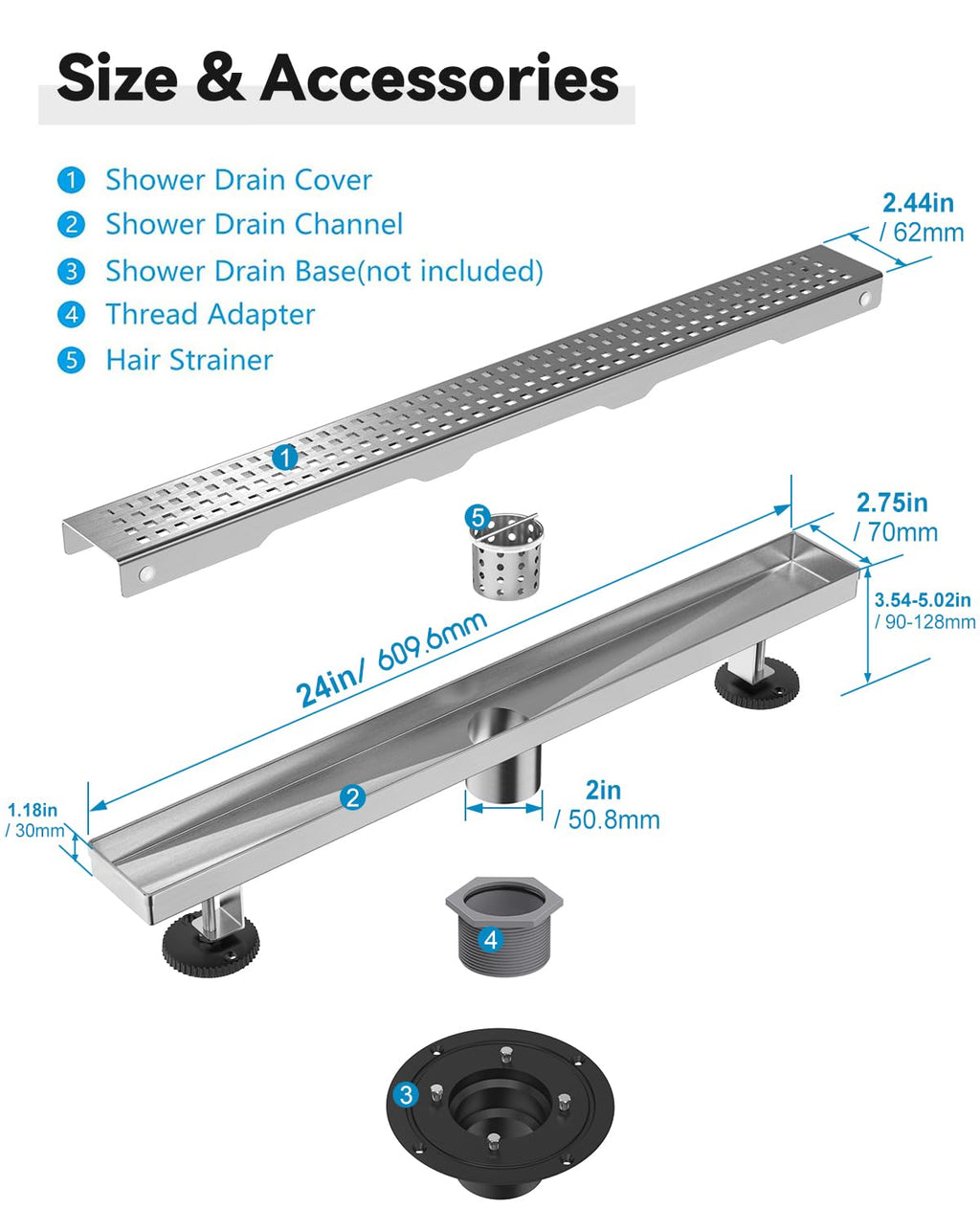 Shower Drain, Modern Linear Shower Drain 24 Inch (Brushed Nickel)