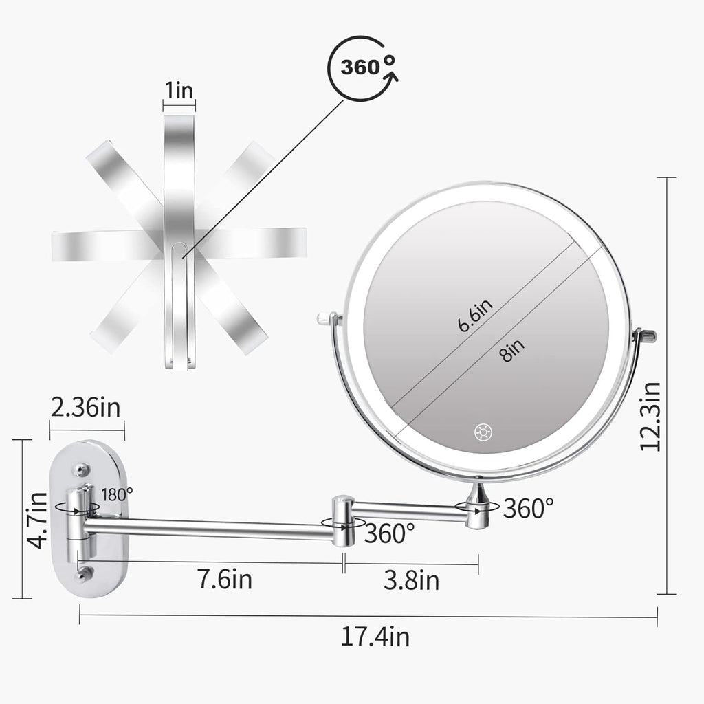 5000mAh Rechargeable Wall Mounted Lighted Makeup Mirror 1X30X | Double Sided 1X 30X Magnifying, 3 Color Lighting