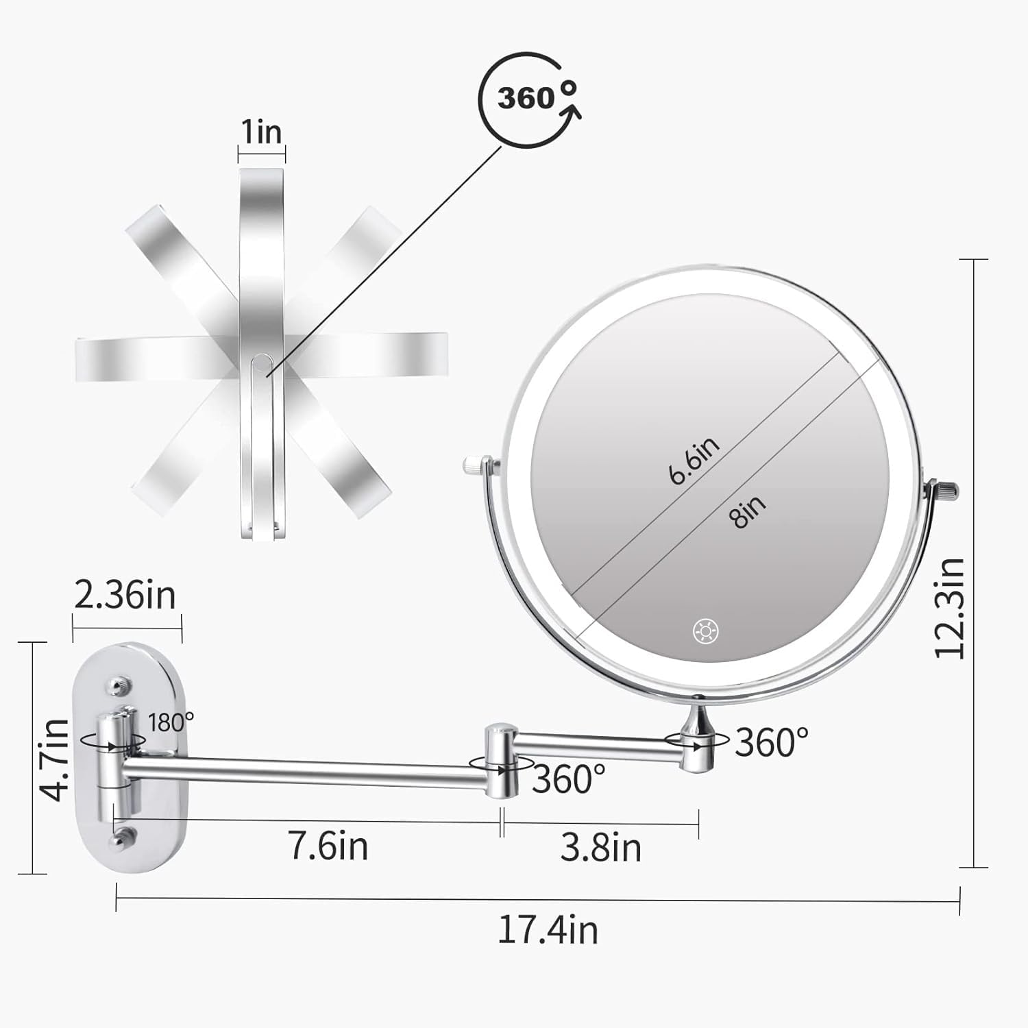 5000mAh Rechargeable Wall Mounted Lighted Makeup Mirror 1X30X | Double Sided 1X 30X Magnifying, 3 Color Lighting
