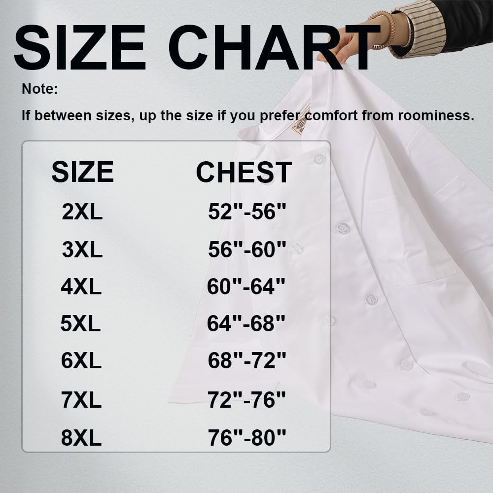Plus Size Chef Coat Short Sleeve for Big and Tall Chef, Camisas de Chef Para Hombre Talla Grande, Big Size Only.