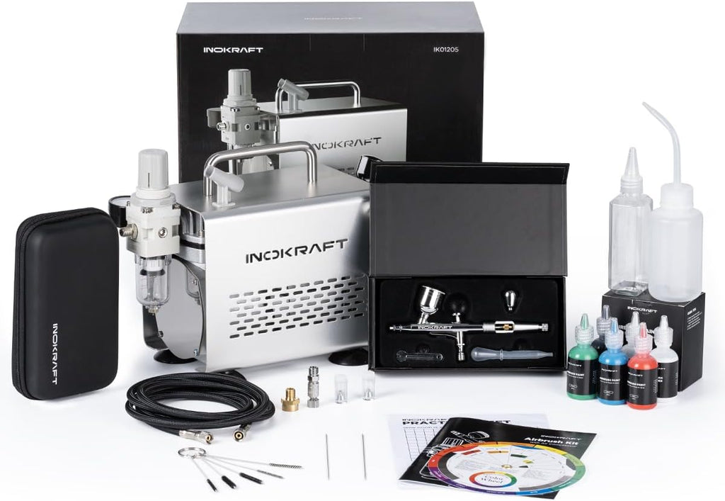 Airbrush Kit with 1/6 HP Quiet Air Compressor, 4 Colors | Gravity Airbrush with 3 Tips 0.2, 0.3 & 0.5 mm- Hose