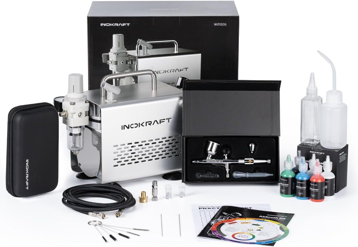 Airbrush Kit with 1/6 HP Quiet Air Compressor, 4 Colors | Gravity Airbrush with 3 Tips 0.2, 0.3 & 0.5 mm- Hose