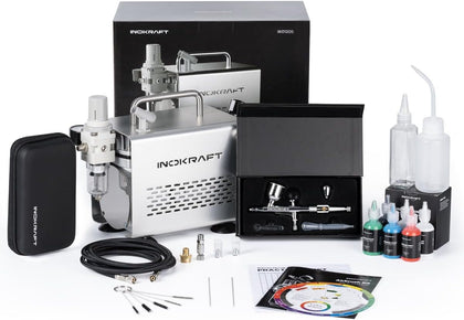 Airbrush Kit with 1/6 HP Quiet Air Compressor, 4 Colors | Gravity Airbrush with 3 Tips 0.2, 0.3 & 0.5 mm- Hose