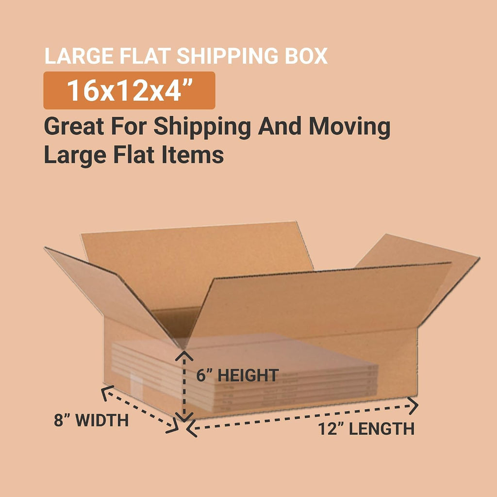 Shipping Boxes Flat 16"L x 12"W x 4"H 25-Pack - Corrugated Cardboard Box for Moving, Mailing, Packing, Packaging and