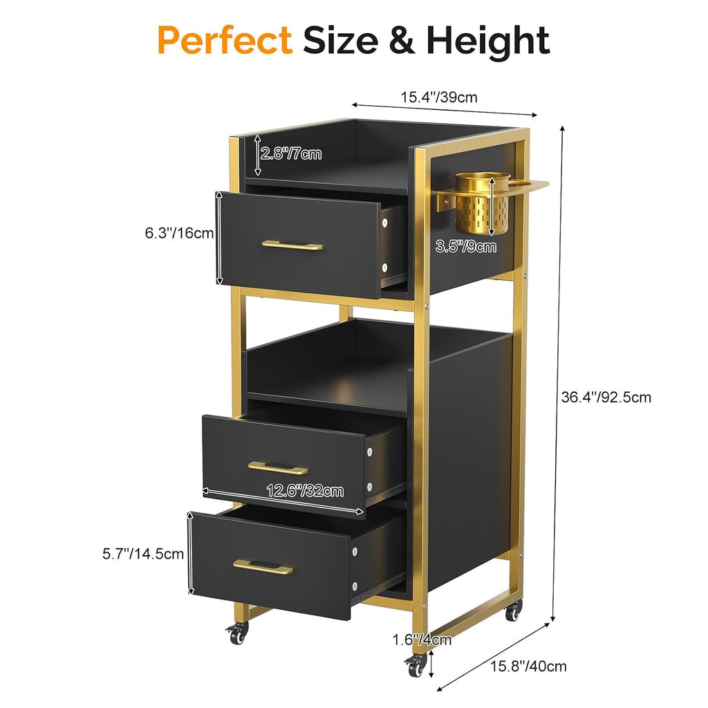Salon Trolley Cart, Hair Styling Station with 3 Drawers, 2 Open Shelf & Tool Holders, Mobile Barber Storage Cabinet
