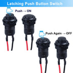 12-Pack 12mm Latching Push Button Switch AC 250V/1.5A 120V/3A ON-Off SPST Normal Open 1NO 2Pins with Pre-soldered Wires Small (12pcs Black Self-Locking)