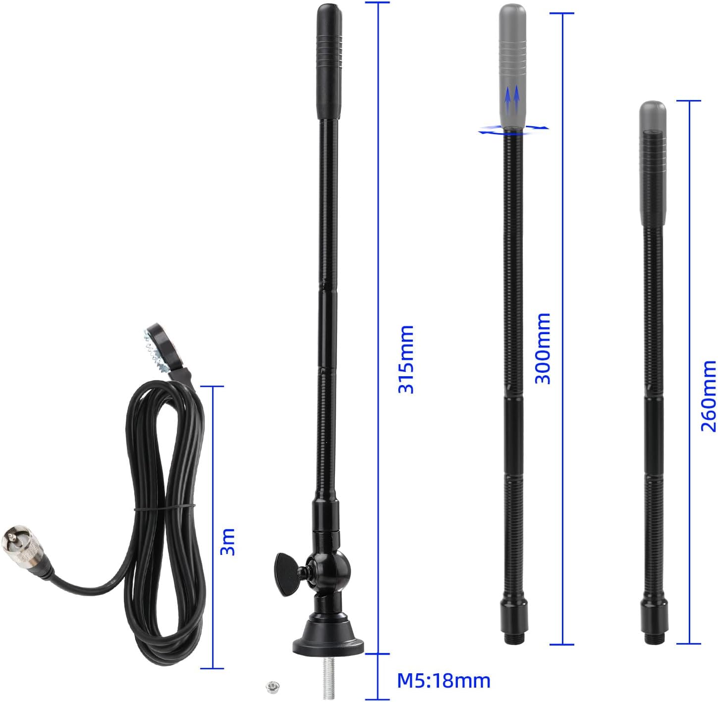 27MHz CB Radio Antenna with Adjustable Rotating Base | PL259 & BNC Boat Marine Car Antenna Kit, Compatible with