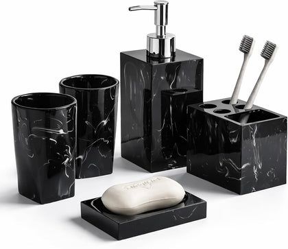 5 Piece Bathroom Accessories Set, Marble Resin Bathroom Vanity Set, Soap Dispenser, Toothbrush Holder, Soap Dish & 2