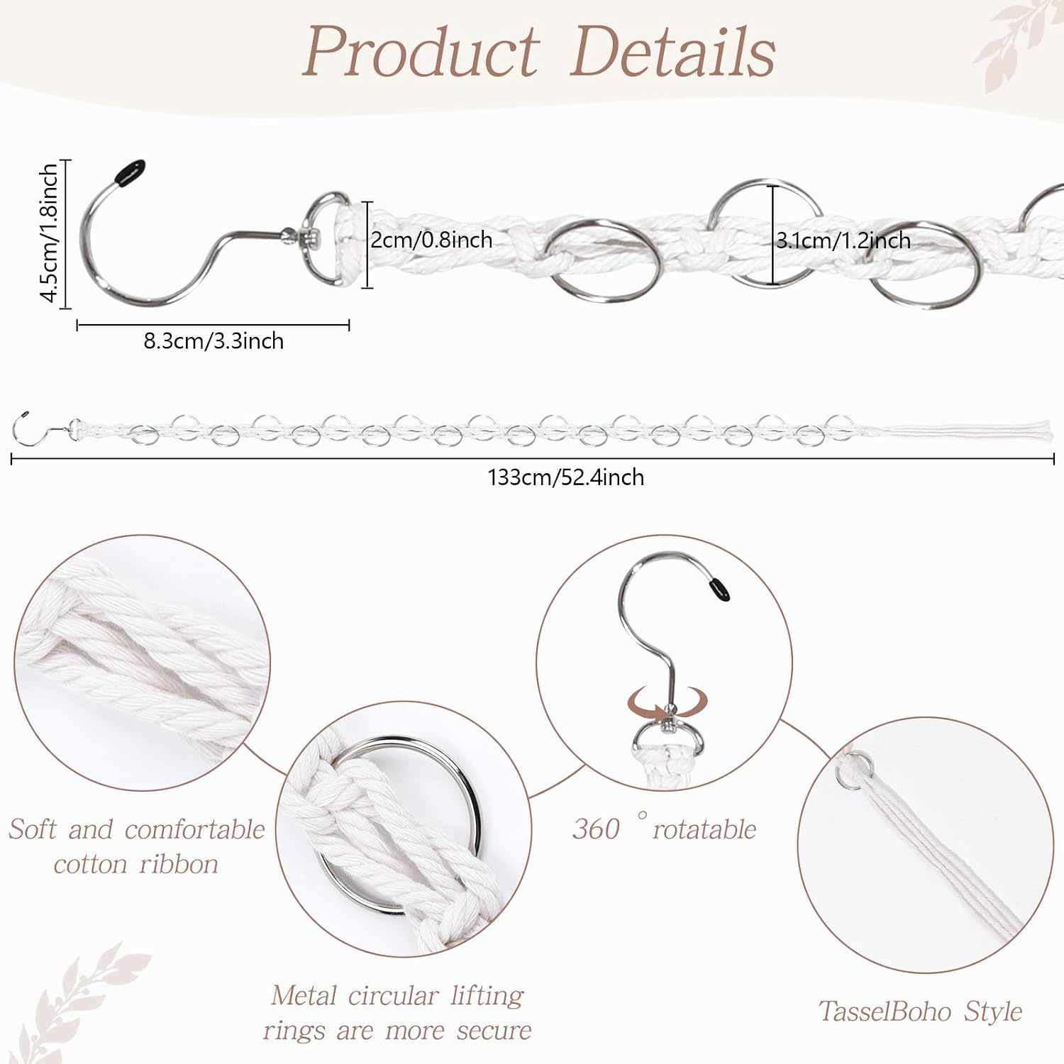 Macrame Hair Claw Clip Organizer with Rotating Hook and 20 Metal Rings,Hanging Hair Clip Holder and Storage for Women