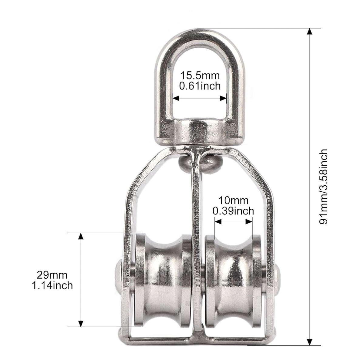 2PCS M32 Double Sheave Pulley Block 304 Stainless Steel Lifting Crane Swivel Hook