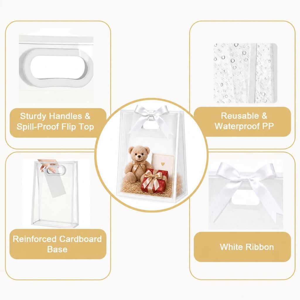 Small Clear Plastic Gift Bags with Handles, 7x10x3.15 in, 10 Pack, White