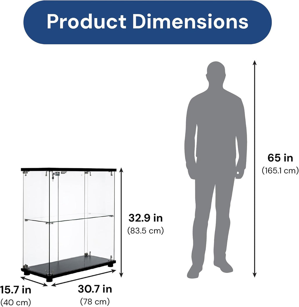 Frameless Glass Display Case 32" Countertop Showcase with Double Locking Doors & Adjustable Shelves – Tempered Glass