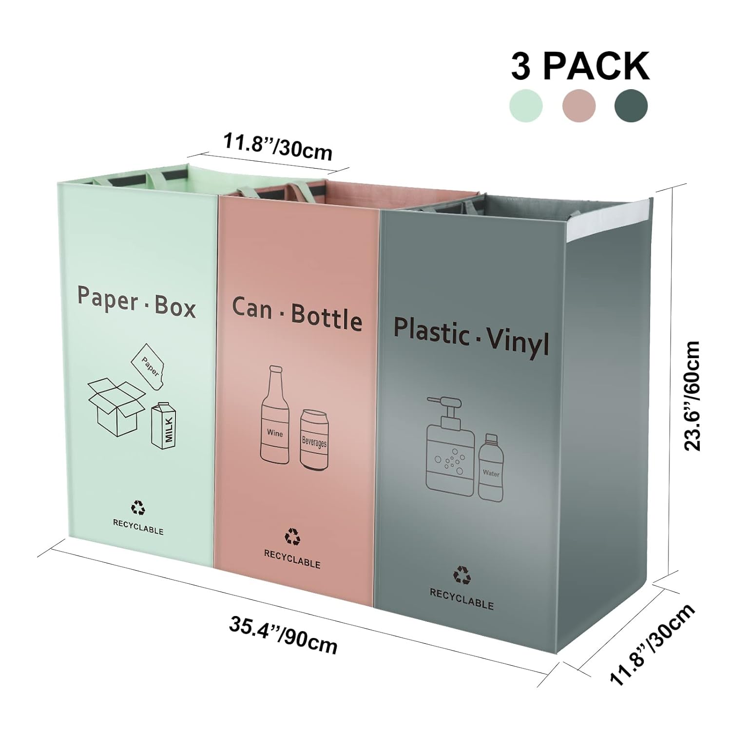 Separate Recycling Bin for Kitchen Home - Indoor Recycle Bins (Pink, Green, Gray) Waste Trash Sorting Bins, Reusable