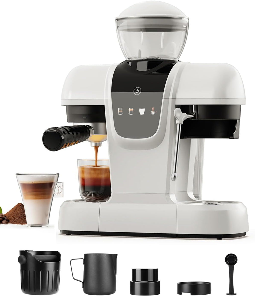 Semi-Automatic Espresso Machine with Grinder & Steam Wand,White | 20-Bar,11 grind settings,NTC&PID control,Compact
