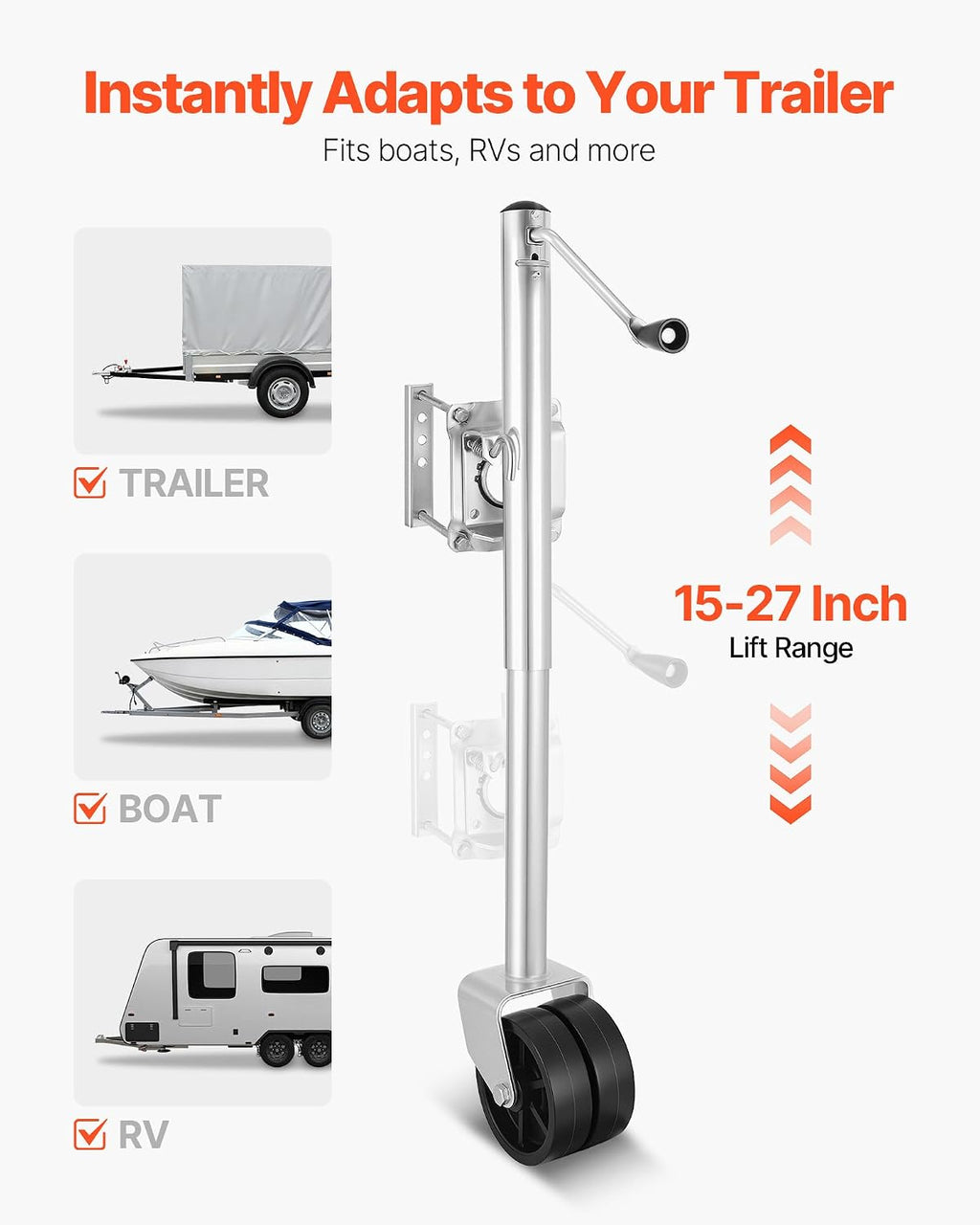 Trailer Jack with Wheel, 2000 lbs Load Capacity, Heavy Duty Swivel Boat Trailer Jack with PP Dual Wheel & Ergonomic