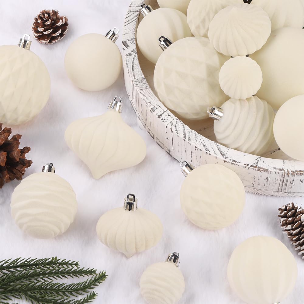 28PCS Velvet Christmas Balls Ornaments, Flocked Shatterproof | Beige Cream Xmas Tree Hanging Decoration Plastic Ball