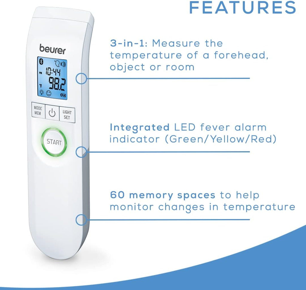 Bluetooth Non-Contact Thermometer, Forehead, Object, Room Temperature, High Accuracy, XL Blue Illuminated Display, 60