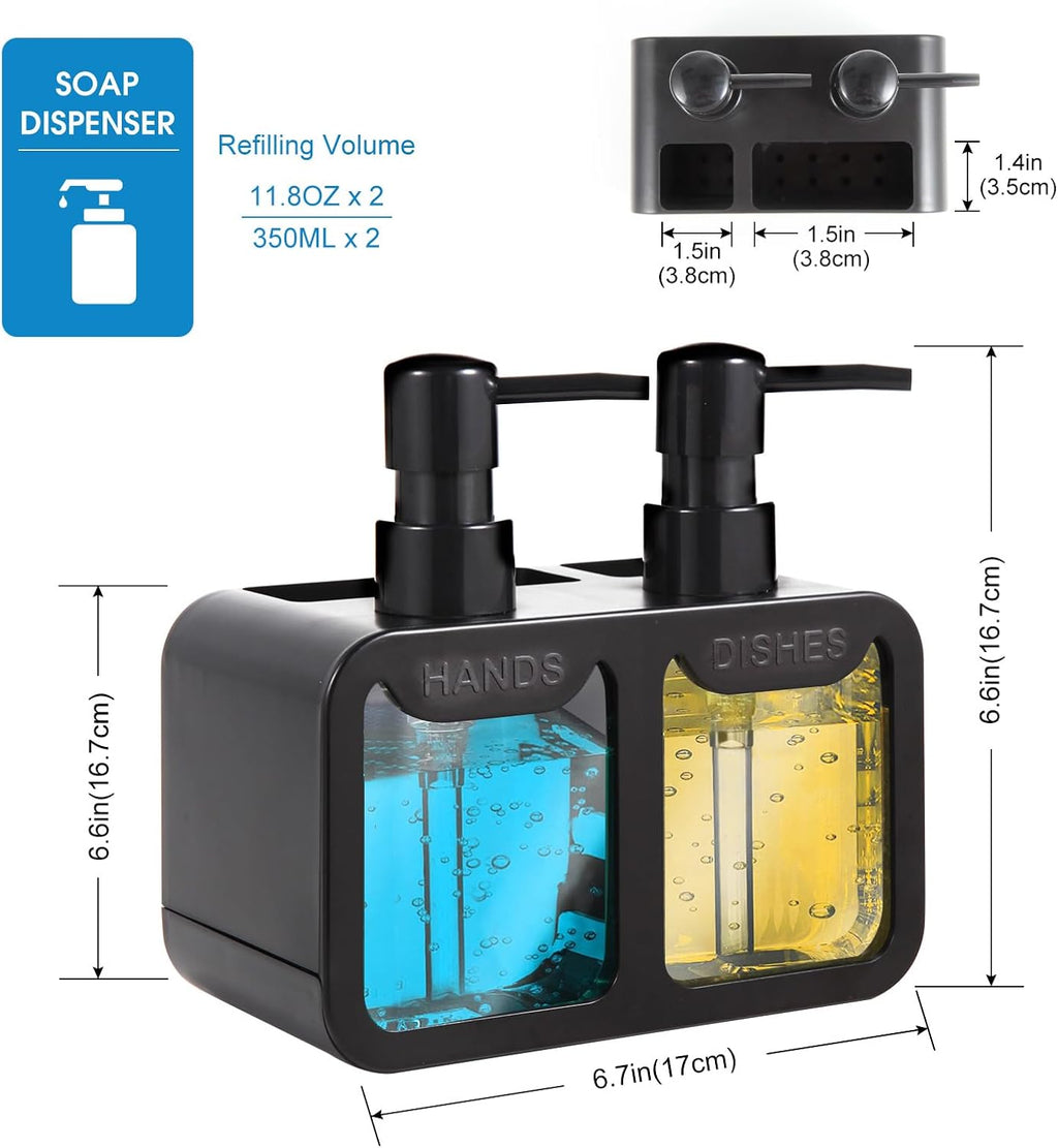 Kitchen Soap Dispenser Set, with Hand and Dish Soap, Sponge Caddy and Brush Holder 4-in-1 Kitchen Dual Soap Dispenser